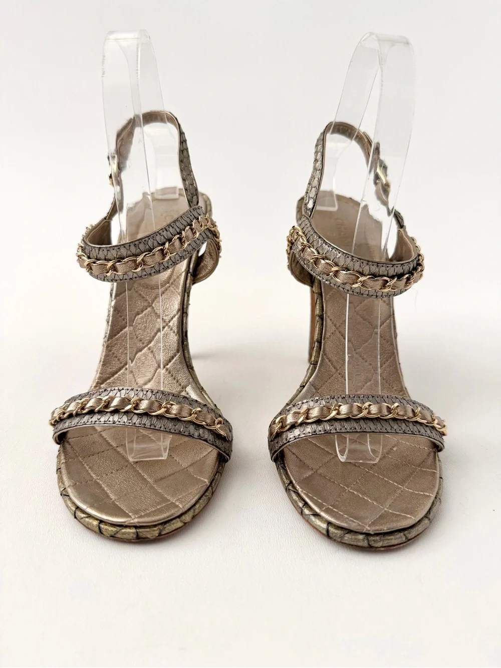 CHANEL | Gold Bronze Python CC Logo Chain Ankle Strap High Heel Sandals EU 41